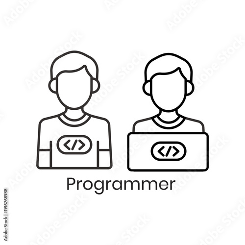 Programmer icon set in outline style featuring a developer with code brackets symbol and a programmer working on laptop. Technology and software development vector line art illustration.