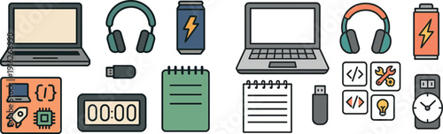 A collection of essential tools for a productive workspace, including a laptop, headphones, a USB drive, a timer, a notebook, and an energy drink can, perfect for tech enthusiasts.
