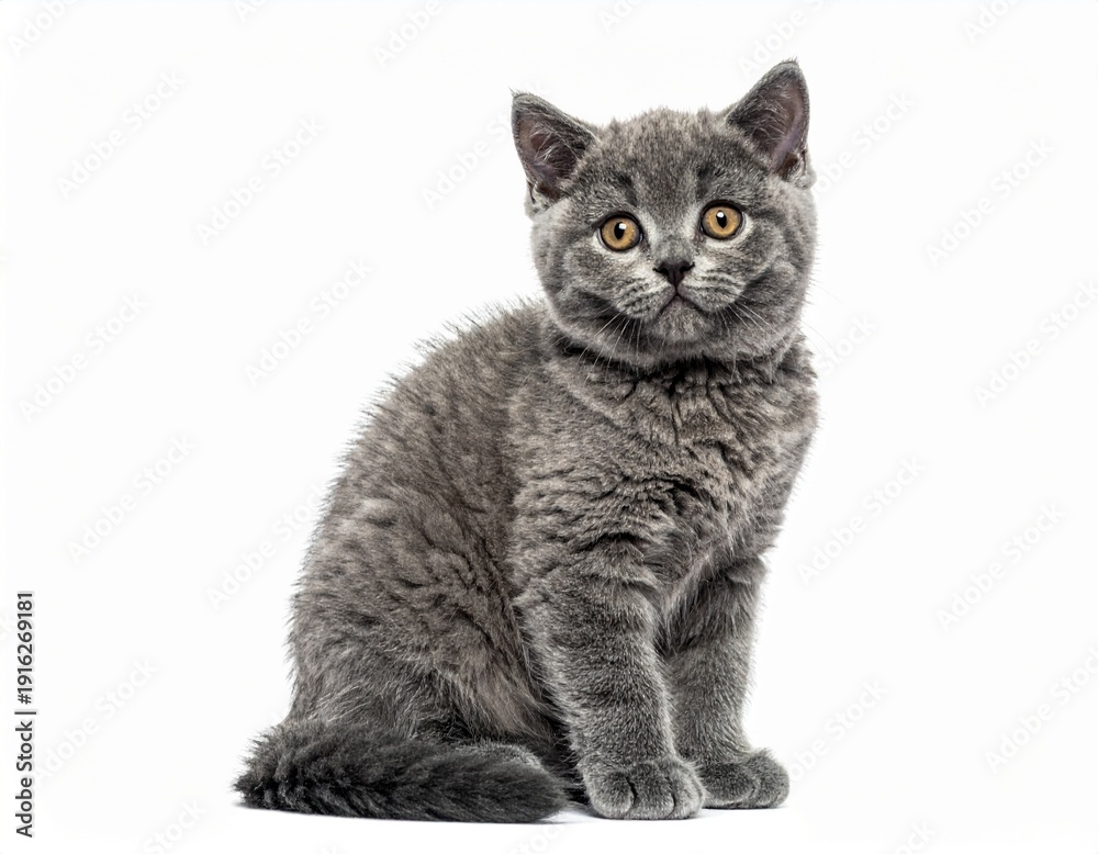 Obraz premium Portrait of a grey, short-haired kitten seated and looking directly at the camera