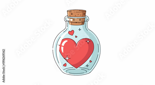 Illustration of a glass bottle with a cork stopper containing a large red heart and smaller heart shapes inside on a white background.