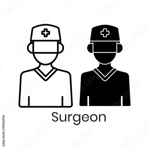 Surgeon icon set in two styles - outline and glyph. Medical professional wearing surgical cap with cross, face mask, and scrubs. Healthcare and hospital vector illustration.