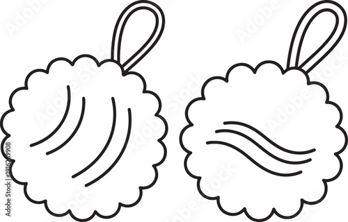 Outline illustration of two fluffy bath poufs or shower scrubbers with handles, suggesting spa, relaxation, and personal cleansing.