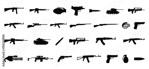 Military Weapons Silhouette Vector Set, Assault Rifle, Pistol, Tank, Grenade, Bullet and Combat Arms Collection Isolated on White Background
