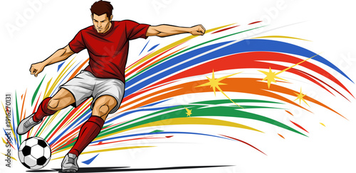 Dynamic footballer with vibrant streaks kicks a soccer ball, perfect for sportsthemed designs, sports blogs, football articles, and posters