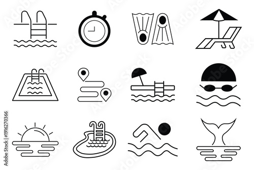 Collection of swimming pool icon in line style. Contains dive, shower, swimmer, pool, sunset, hot tubs, calming relaxation and more. Summer icons in flat vector style. Vector illustration. 