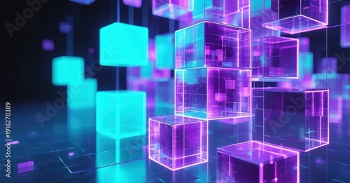 Abstract glowing cubes float, creating futuristic digital space. Vivid blue, purple hues dominate dark background. Complex geometry visible.