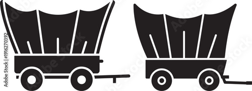 Silhouetted graphic design of two covered wagons, representing travel, adventure, or the Wild West. Bold, iconic, and suitable for historical or journey themes.