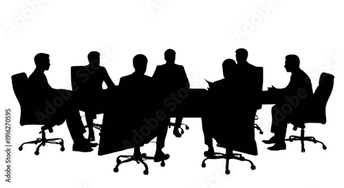 Silhouettes of business people seated around a conference table in a meeting