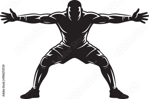 Muscular man in wide stance with outstretched arms