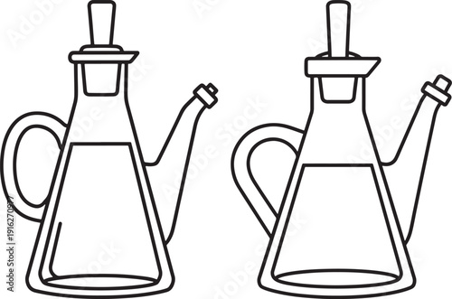Outline illustration of two glass cruets filled with liquid, perfect for conveying concepts of oil, vinegar, or salad dressing in a clean, modern style.