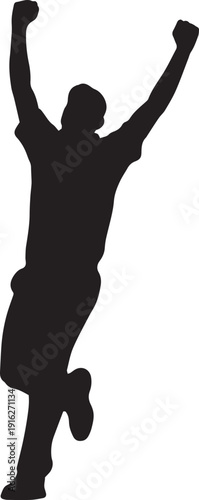 A silhouette of a person jumping up with arms raised in celebration