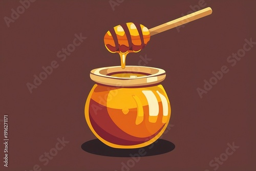A clean vector icon of a honey jar with a dipper, showing golden honey dripping, against a solid background.