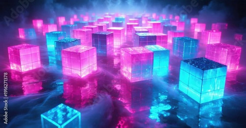 Glowing cubes float above dark surface. Pink, blue light creates futuristic scene. Reflections enhance depth, mystery.