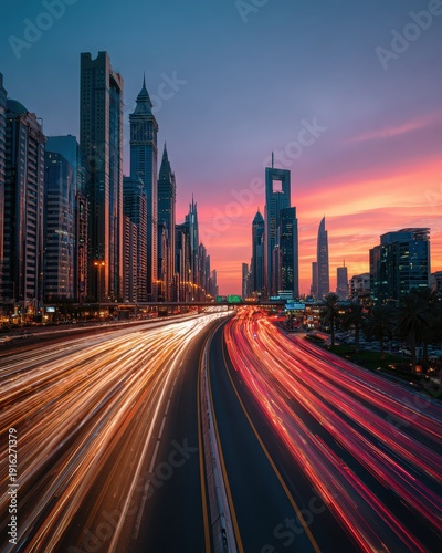 Dubai highway traffic light trails at sunset