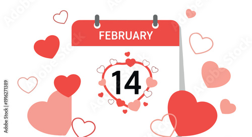 Graphic illustration of a calendar page showing February 14th surrounded by floating hearts in various sizes and shades of red on a white background.