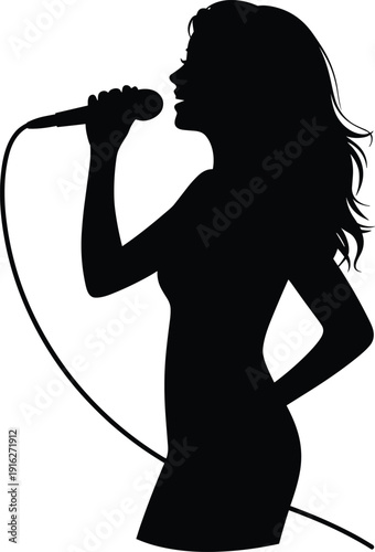 Black silhouette of a woman singing into a microphone, female vocalist performing on stage, music concert flat vector illustration design.