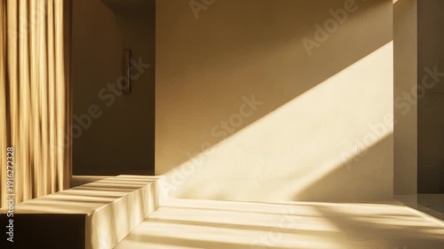 Minimalist architecture featuring warm sunlight casting geometric shadows on beige walls and a bench, creating a serene and zen atmosphere with bright illumination