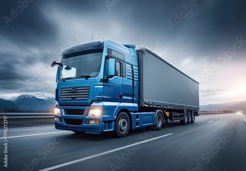 Blue semi-truck driving on a highway with motion blur and dramatic clouds
