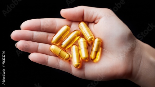 Hand holding several yellow capsules against a black background.