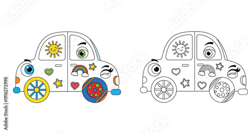 Cute cartoon car coloring book page for kids vector illustration. Funny vehicle with stickers, sun, rainbow and hearts. Color and outline version for children education and preschool activity.