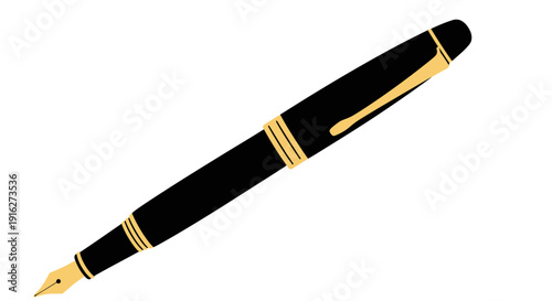 Elegant Black Fountain Pen with Gold Accents Isolated