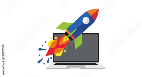 Launching Rocket from Laptop Screen, Digital Startup Concept