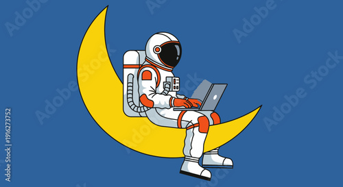 Astronaut working on laptop while sitting on crescent moon