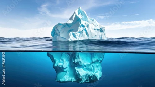 An iceberg floats above and below the waterline, under a clear, bright sky