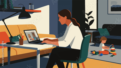 Illustration Of A Professional Mother Working From Home, Sitting At A Minimalist Desk, With A Laptop Displaying An Online Meeting Screen, Behind Her, Her Child Is Playing Vector Design Template