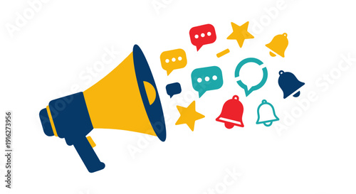 Megaphone Announcement with Social Media Icons and Stars