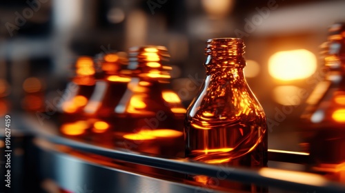 A close-up view of glass bottles glistening under warm light on a conveyor belt, emphasizing industrial processes and the beauty of production lines in business.
