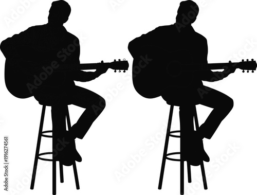 Silhouette of Male Musician Sitting on Stool Playing Acoustic Guitar for Live Music Performance and Creative Hobby Concept Flat Vector Illustration.