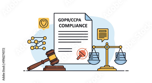 GDPR compliance and legal regulation illustration designed for data protection presentations, legal services, and corporate compliance projects. This modern flat illustration includes legal documents,