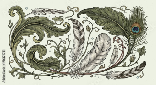 Illustration of Peacock Feathers in Swirling Pattern.