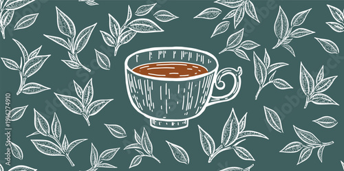 Hand-Drawn Tea Cups and Leaves Seamless Pattern	
