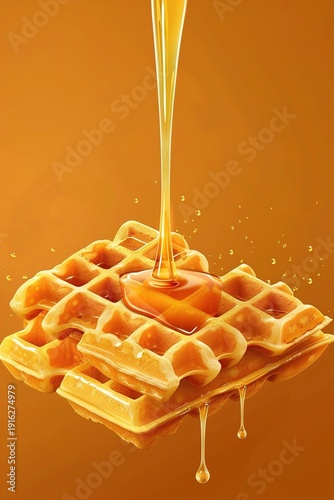 A realistic vector icon of a crispy golden waffle with syrup drizzling down, displayed against a solid background.