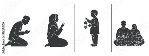 halftone dotted silhouette set with kneeling man woman in prayer child holding lantern and seated family in vertical panels monochrome vector background layout