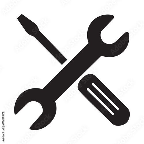 Wrench and screwdriver icon for repair, service and maintenance work on white