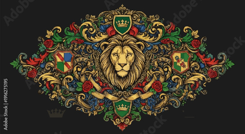 Ornate Lion Crest with Heraldic Elements.