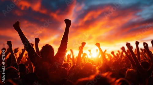 A passionate crowd raises their hands in excitement, silhouetted against a stunning sunset, symbolizing unity, celebration, and the exhilaration of live events.