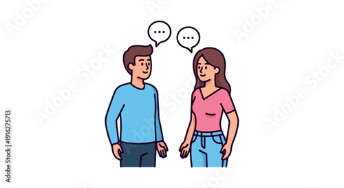 Illustration of a man and woman talking to each other with speech bubbles above their heads on a white background.