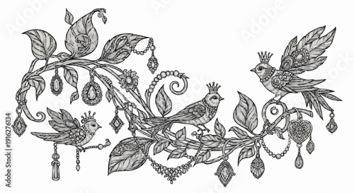 Intricate black and white illustration of birds and foliage.