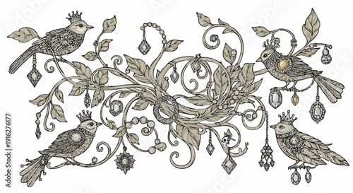 Ornate illustration of birds perched on decorative branches with leaves and flowers.