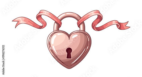 Digital illustration of a shiny rose gold heart-shaped padlock with a ribbon tied around it on a white background.