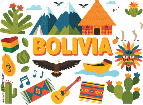 Colorful of Bolivia with mountains, cacti, eagle, and cultural guitar