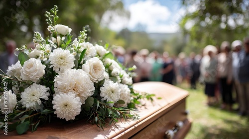 White floral arrangement rests on a wooden coffin during an outdoor funeral service