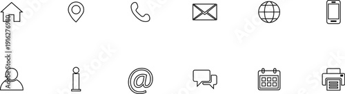 A collection of 12 small black and white line icons