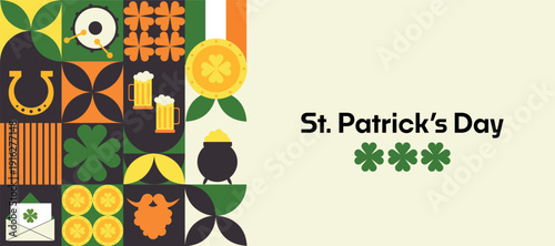 Wallpaper Mural Happy St Patricks Day banner featuring modern geometric Irish symbols including shamrock, horseshoe, beer mugs, pot of gold, coins, leprechaun beard, and envelope Torontodigital.ca
