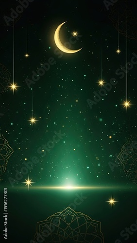 Glowing crescent moon and stars on a deep green celestial background with ornate patterns Keywords: Ramadan, Eid