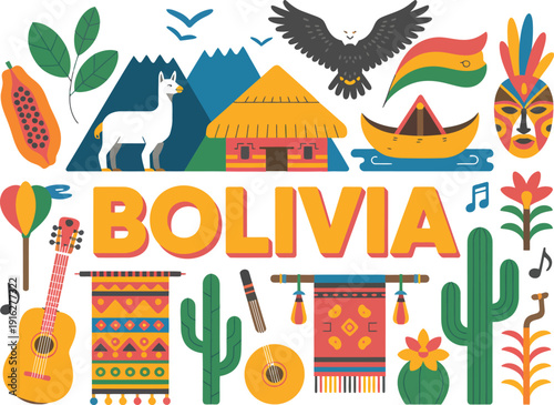 Colorful of Bolivian culture with text and symbols mountains llama